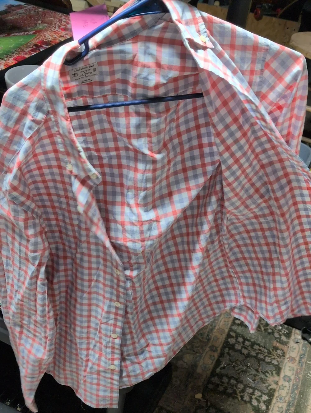 J. Crew Coral and Light Blue Check Cotton Shirt m